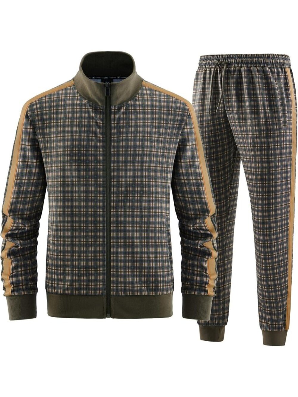 Men's Brown Polyester Stand-up Collar Long Sleeve Double Side Pockets Tracksuits